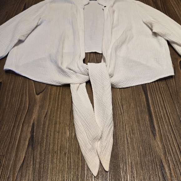 Comfy USA White Gauze Top Crepe Tie Front Blouse Vacation Beach Cotton Casual L - Picture 12 of 16
